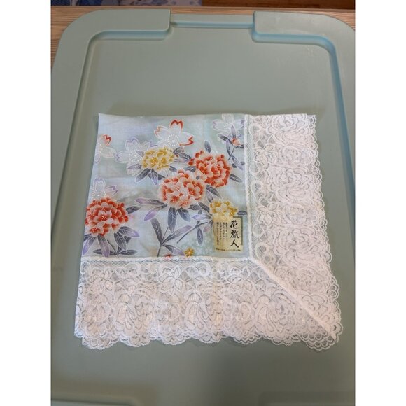 Vintage Japanese Kimono Scarf Kerchief Floral Lace Blue Hydrangea Gift Beautiful - Picture 11 of 12